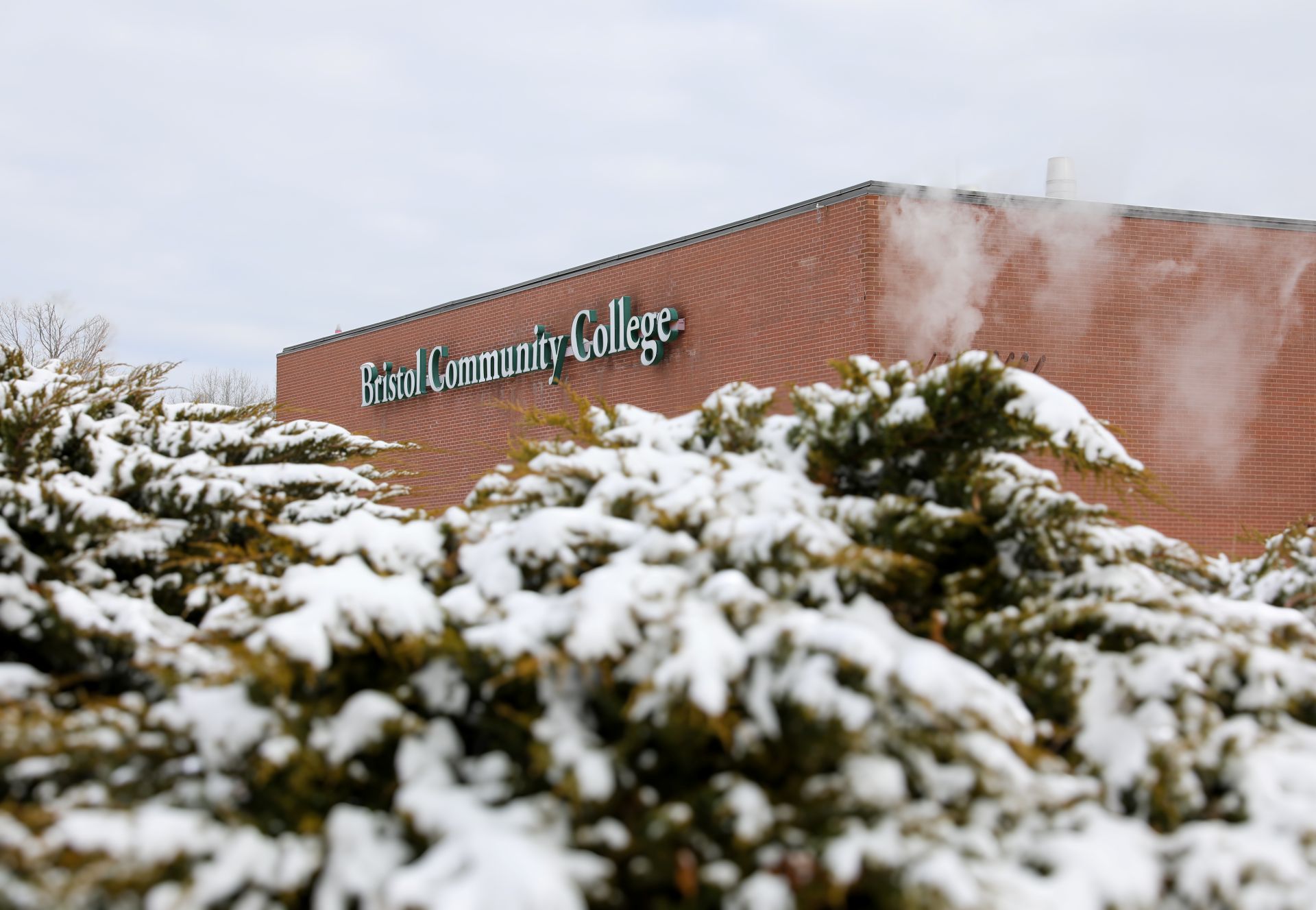 Snow falling on the Bristol Community College Fall River Campus