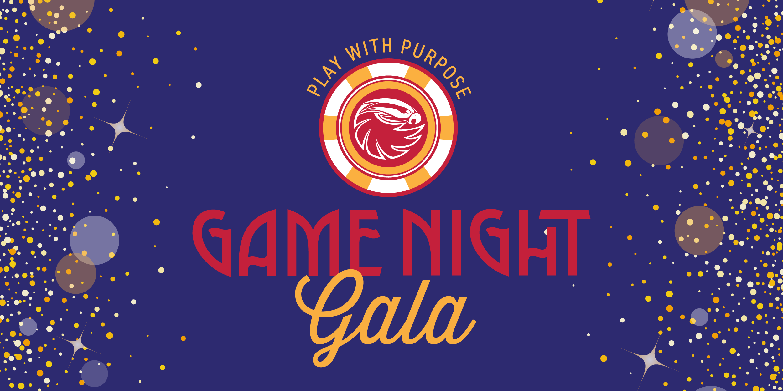 Blue background with festive gold and white confetti surrounding "Game Night Gala" text in bold red and yellow. A circular logo features a stylized bird with "Play with Purpose" above it, conveying a lively and celebratory tone.