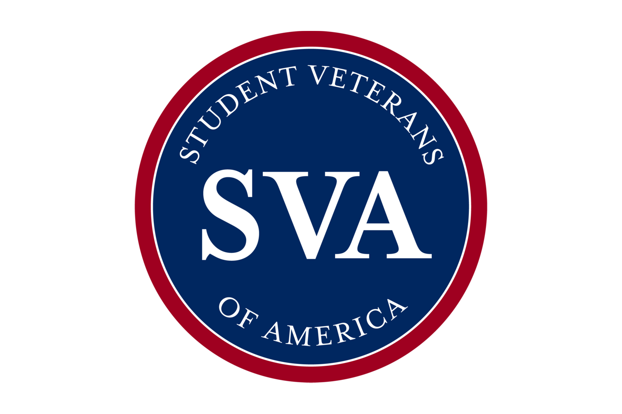 Logo with a blue circle and red border, featuring "SVA" in bold white letters. Around it reads "Student Veterans of America" in white, conveying a sense of unity.