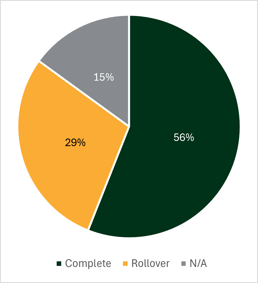 Strategic Plan Year 4 Academic Innovation completion. 56% completed, 29% rollover, 15% N/A.