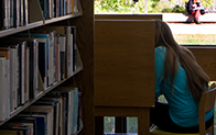 student studying in a library cubicle